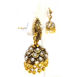 Golden Oxidized Earring Jhumka - Push Back - Dangle Drop Long Chandelier - White